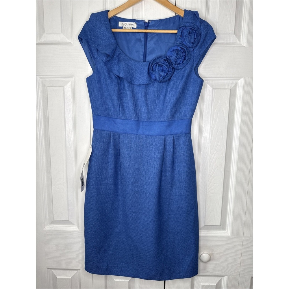 Kay Unger Blue Tweed Pencil‎ Dress Scoop Neck with 3D Rosettes Womens Size 6 NWT